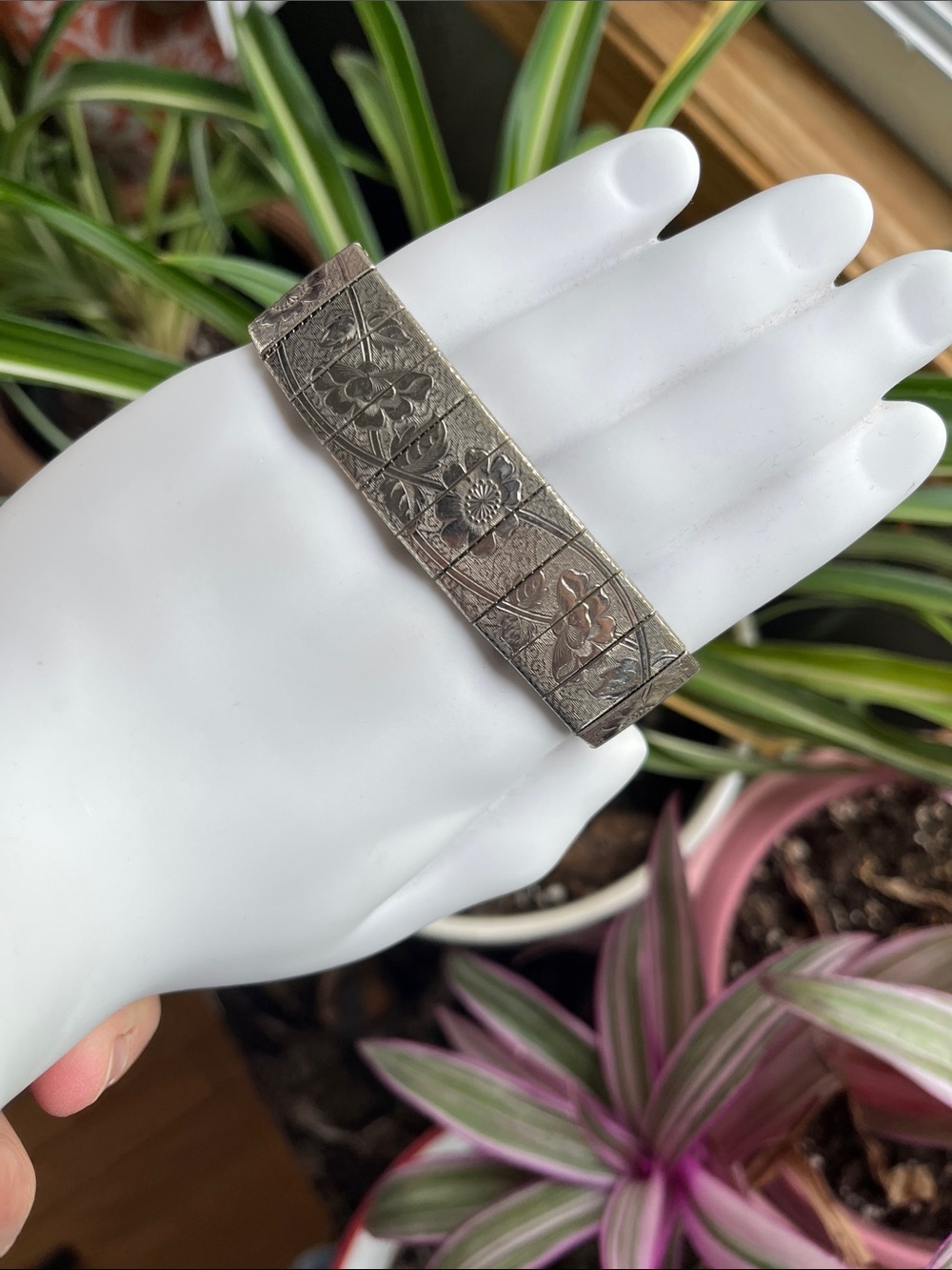 Vtg Etched Flowers Floral Panel Bracelet Silver Tone W/Hints Of Gold Tone